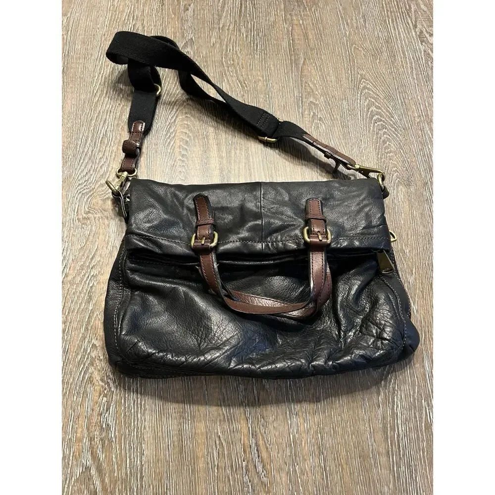 Vintage Fossil Explorer Black Leather Foldover Satchel Crossbody‎ Bag